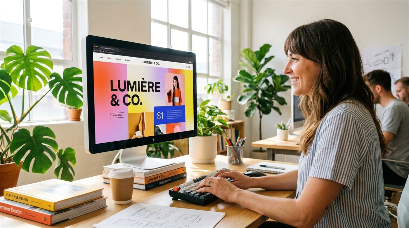 Designer building a business website on a large monitor