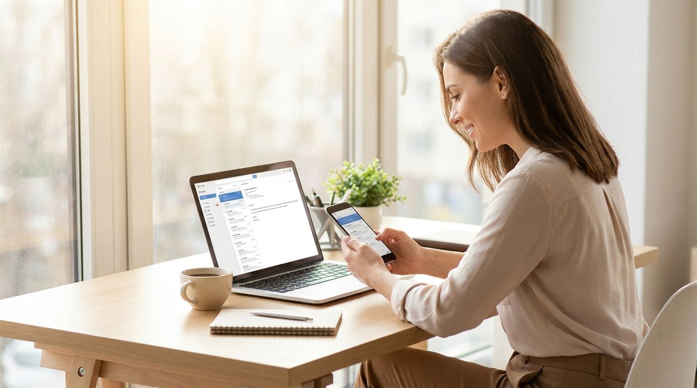 Business owner checking email on her phone and laptop