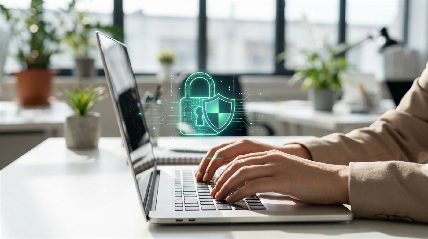 Laptop showing a padlock security shield